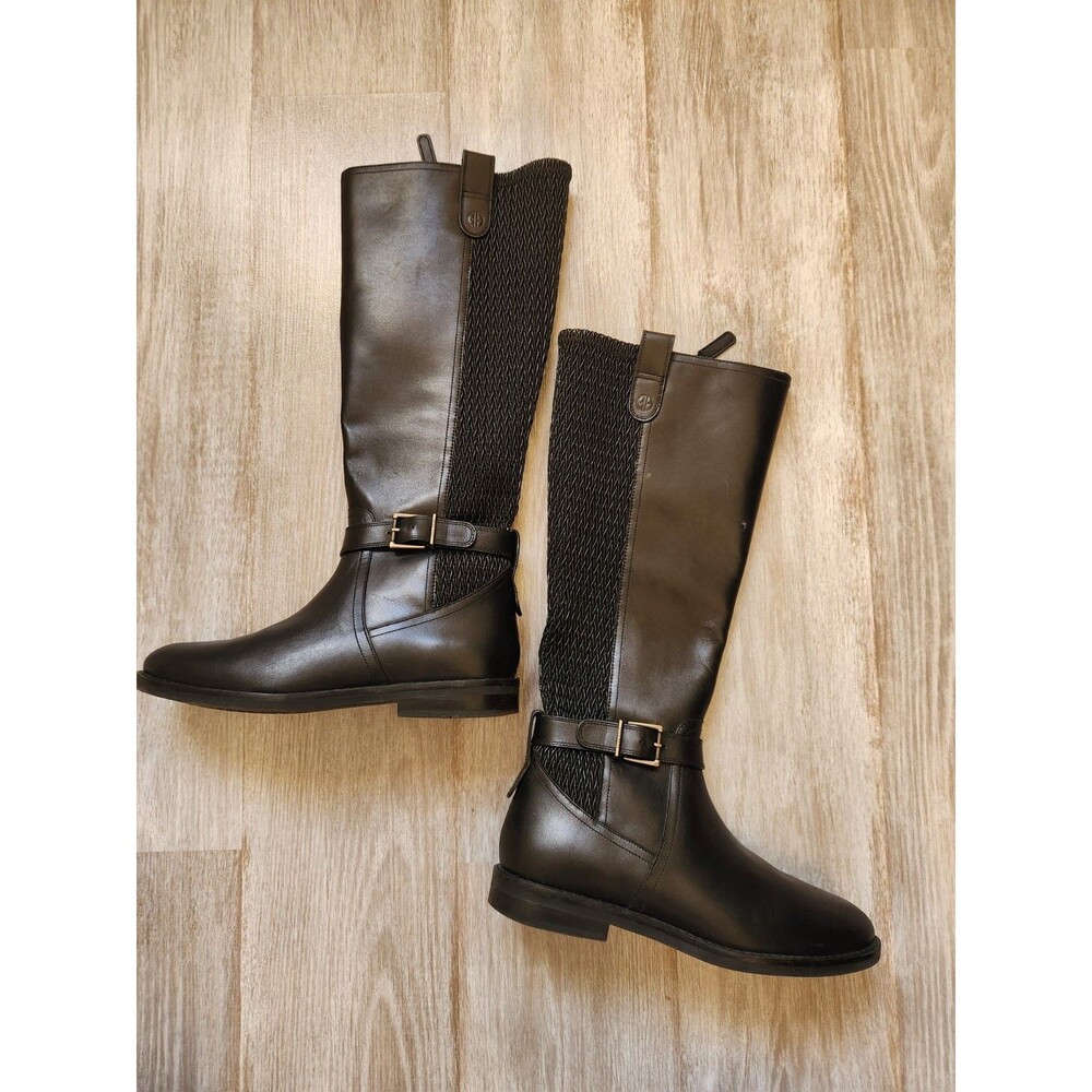 Cole Haan Chelsey Leather Black Tall Riding Boots Woven Back Buckle Detail 6B - Picture 5 of 14